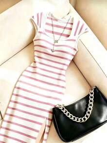Franclia Women's Elegant Fitted Striped Square Neck Slimming Colorblock Commuter Office Dress, Spring/Summer, Bodycon, Slit, Stretchy - Pink - View 1