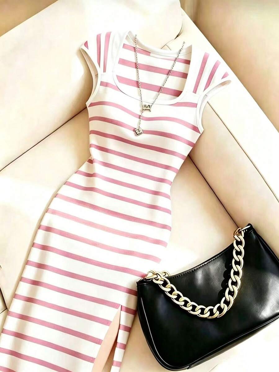 Franclia Women's Elegant Fitted Striped Square Neck Slimming Colorblock Commuter Office Dress, Spring/Summer, Bodycon, Slit, Stretchy - Pink - View 1