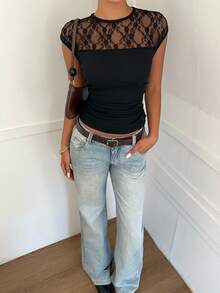 SHEIN EZwear Áo thun nữ cổ tròn ôm sát, phối ren đen. - màu đen - Xem 4