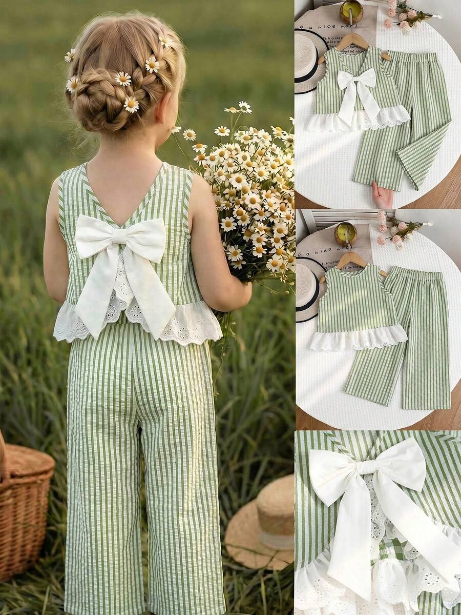 Emery Rose Kids Emery Rose Kids 2件套少女格子圆领休闲背心和裤子套装 - 綠色 - 查看 1