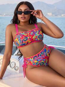 Slaydiva Bộ bikini 2 mảnh cỡ lớn dành cho nữ, họa tiết hoa gợi cảm, thích hợp cho kỳ nghỉ hè. - Màu Hồng Tươi - Xem 4