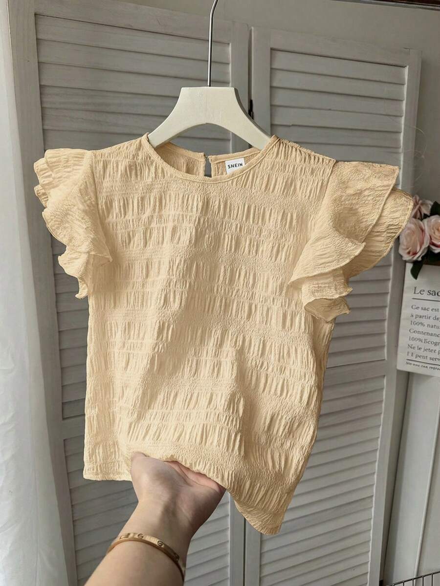 Kids/Teen Girls Textured Peach Blouse,Summer Elegant Round Neck Ruched Ruffled Trim Flutter Sleeves,Party Casual French Style,Back To School Outing - Apricot - View 1