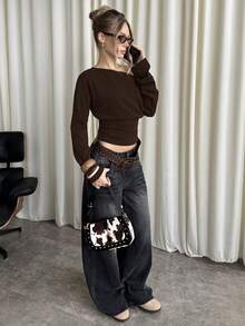 SHEIN BAE Women's Solid Color Ruched Asymmetric Collar Long Sleeve Top - Coffee Brown - View 3