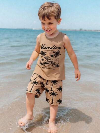 Young Boy's Casual Cartoon Print Sleeveless Tank Top, Suitable For Summer. Minimalist And Fashionable, Hawaiian Resort, Coconut Tree, Tropical Plant, Pineapple, Resort Style, Beach Casual, Sports Style. Loose, Soft And Comfortable Tank Top Suitable For Summer, Suitable For Vacation