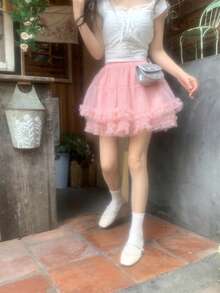 DAZY Women's Girly Mesh Korean Style Versatile Mini Skirt, Spring/Summer - Pink - View 7