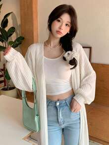 DAZY 女款韓式休閒長袖輕量長版外套，適合春秋季節 - 米色 - 查看 5