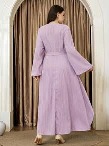 Veilorie Plus Size Solid Color Round Neck Flare Sleeve Elegant Long Dress For Summer Fall - Mauve Purple - View 2