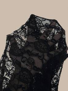 SHEIN PETITE Women's Lace Patchwork Versatile Daily Wear Flare Pants Party Night Black Summer Petite Sexy - Black - View 9