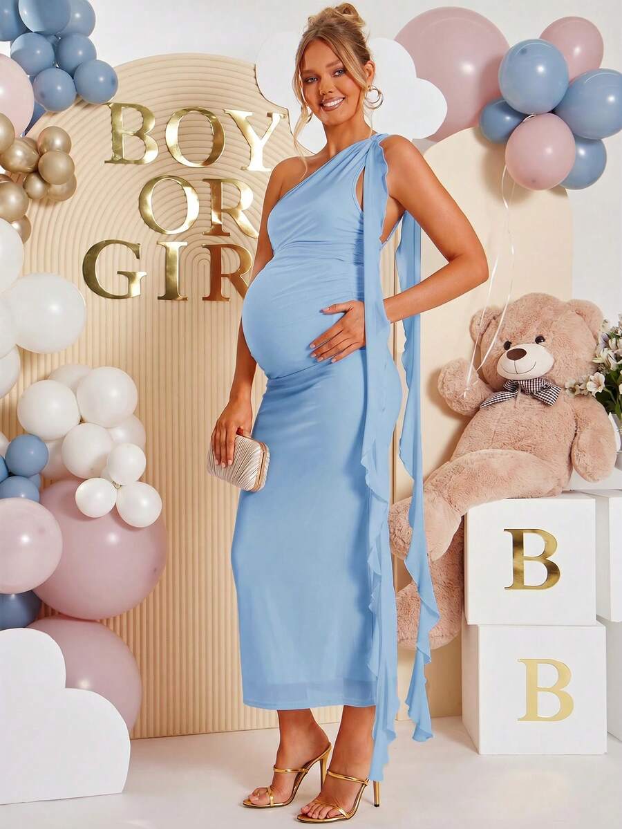 Loomaby Maternity Solid Color Sleeveless Wrap Dress With Elegant Sash Design - Blue - View 1