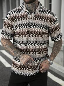 SLATEMANN 男士大尺碼黑白格紋夏季休閒度假V領短袖透氣條紋 Polo 衫，假日風格送給丈夫的禮物 - 彩色 - 查看 5