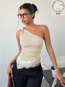 Siren Gaze Áo kiểu lệch vai thắt nút ren phối nhiều mảnh, áo blouse nữ ôm dáng thanh lịch, màu đen, áo crop top dự tiệc, áo mùa hè thường ngày, hở vai, hở lưng, thích hợp cho tiệc tùng, lễ hội âm nhạc. - Màu be - Xem 5