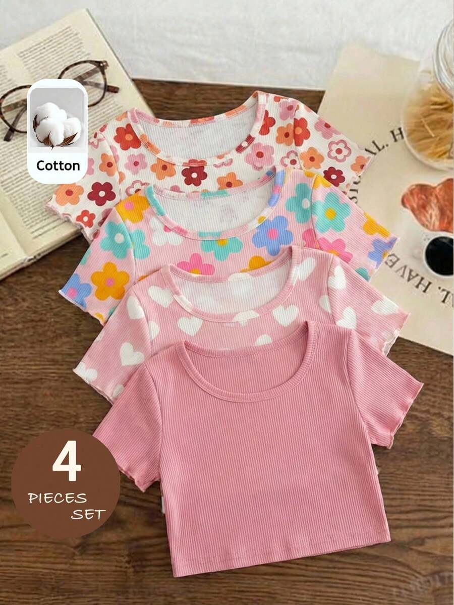 SHEIN 4件装女婴碎花圆领上衣,可爱百搭,适合日常穿着 - 彩色 - 查看 1