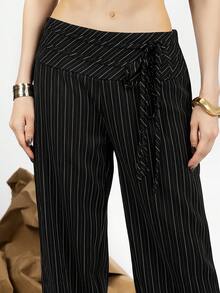 PRISCILA ESCOTO PRISCILA ESCOTO Striped Low Waist Wide Leg Floor Length Pants With Dual Waist Tie Decoration Black - Black - View 3