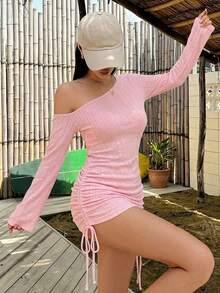 DAZY 女款夏季不對稱單肩抓皺繫帶沙灘罩衫，性感透視泳衣披肩長袖 - 淺粉色 - 查看 6