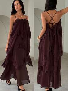 Aloruh Đầm dài dáng rộng thanh lịch dành cho nữ, chất liệu chiffon nhăn, thắt eo, phối ren màu nâu, thích hợp cho kỳ nghỉ xuân/hè. - màu nâu - Xem 1
