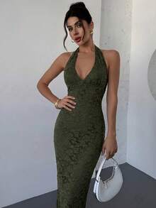 Firerie New V-Neck Sleeveless Textured Bodycon Maxi Dress, Elegant For Valentine's Day Date Dinner Date, Spring/Summer Olive Green,Graduation Dress,Wedding Guests - Army Green - View 4