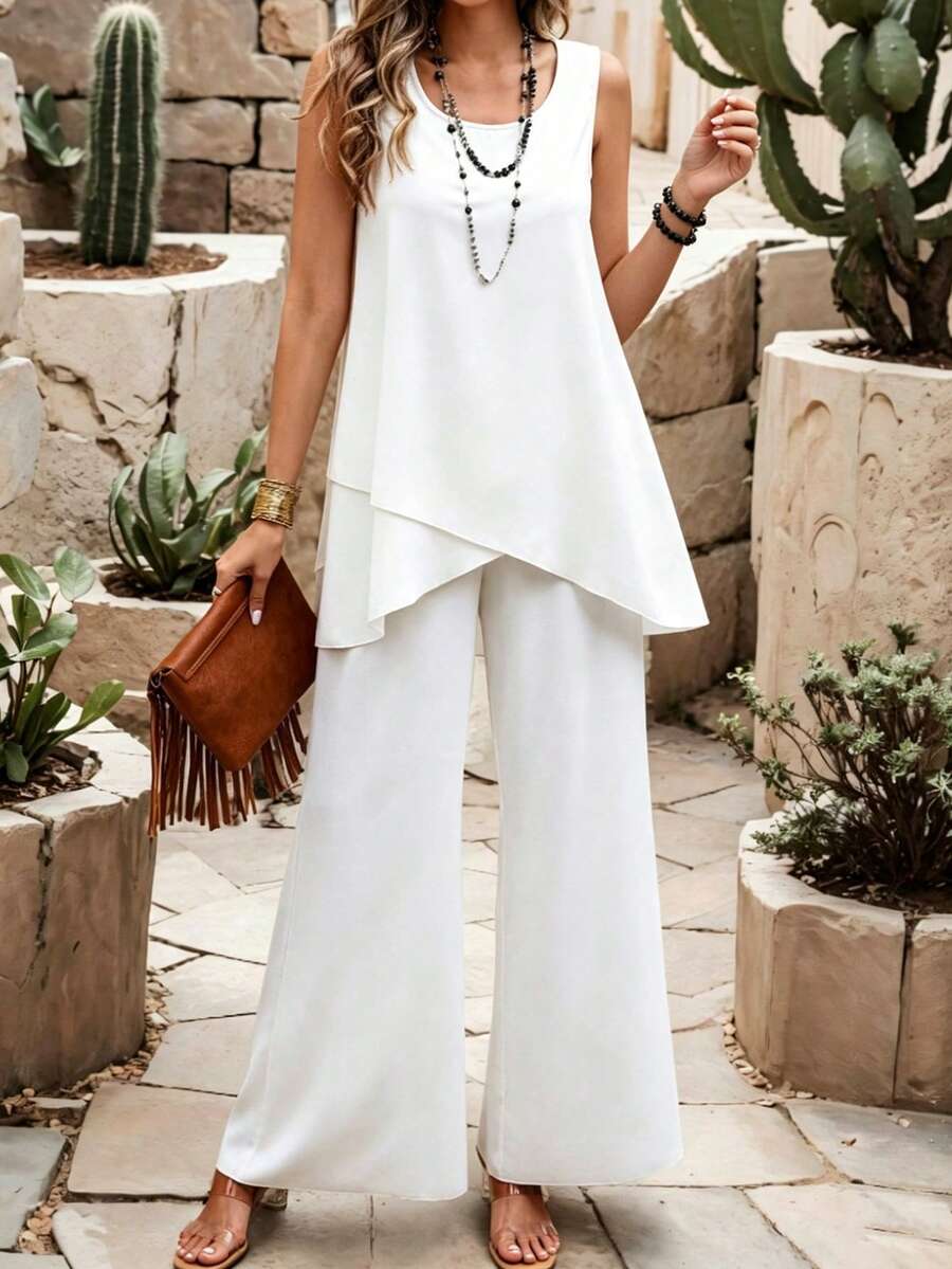 EMERY ROSE Conjunto de 2 piezas para mujer talla grande con top de tirantes de color liso, cuello redondo y bajo asimétrico, y pantalones casuales holgados de pierna ancha, adecuado para primavera y verano - Blanco - Ver 1