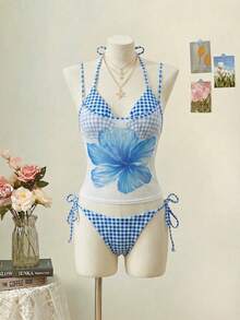 Elavelle Women's Random Print Halter Halter 3-Piece Bikini Set, Spring/Summer - Multicolor - View 4