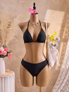 Swim Vcay Plus Size Women's Summer White Bikini Set, Kawaii Classic Halter Neck Triangle Cup Tie-Up Swimwear, Holiday Beach Pool Party Double Fabric - Black - View 6