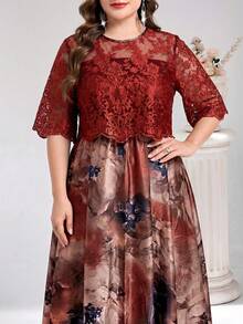Reflora Plus Size Elegant Lace Patchwork Floral Print Vacation Dress - Burgundy - View 6