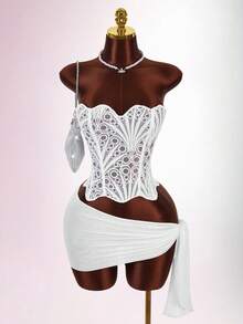 Amplova Women's Sexy Sheer Embroidered Bandeau Top And Tie-Up Mini Skirt 2 Pieces Set, Summer Night Out Club White - White - View 6