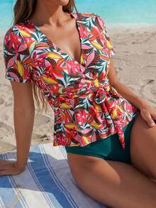 Swim Lushoire Women's Mature Tropical And Conservative Beach Vacation Floral Print V-Neck Short-Sleeved Ruffled Hem Tankini Swimsuit Set White Sea Green Summer - Multicolor - View 3