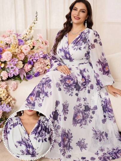 Modelyn Vestido elegante de manga larga con cuello en V, envolvente y fruncido con estampado floral para tallas grandes