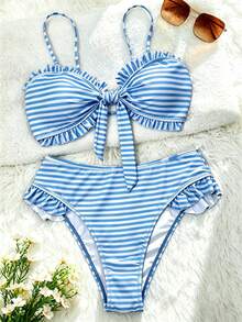 Swim Mod Summer Beach Vacation Women Polka Dot Print Ruffle Bandeau Top High Waist Bottoms - Blue and White - View 4