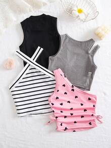 SHEIN 4pcs Young Girl Knitted Solid Striped Heart Pattern Irregular Pleated Casual Vest Set - Multicolor - View 2