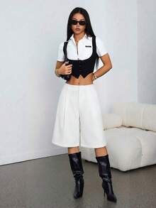 SHEIN PETITE 春季極簡通勤灰色百慕達短褲，適合女性與嬌小女性 - 白色 - 查看 4