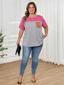 SHEIN CURVE+ 大码女式撞色条纹拼接T恤 - 彩色 - 查看 5