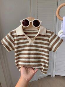 SHEIN LMoss Kids 可爱休闲条纹纹理 Polo 衫，男女宝宝皆宜，适合夏季居家、外出和旅行穿着。 - 彩色 - 查看 4