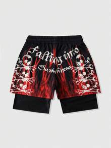 ROMWE MEN Goth Men's Printed Basketball Shorts With 2 In 1 Design, Suitable For Daily Wear In Spring/Summer - Black - View 2