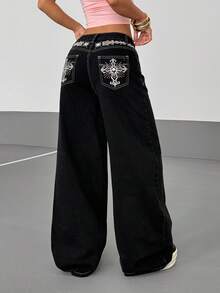 Jeanoix Plus Size Casual Cross Embroidered Wide Leg Jeans - Grey - View 1