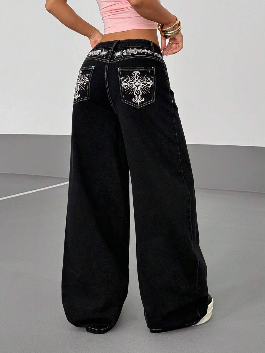 Jeanoix Plus Size Casual Cross Embroidered Wide Leg Jeans - Grey - View 1