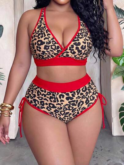 Swim Lushoire Conjunto de traje de baño de 2026 para primavera y verano, talla grande, con parte superior de escote en V profundo con cruce y estampado de leopardo, y Bottom triangular con pliegues, para fiestas en la playa y la piscina