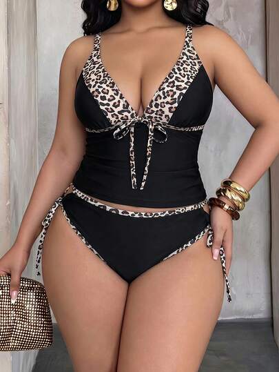 Slaydiva 2026 Spring/Summer Plus Size 2pcs Bikini Set, Leopard Print Patchwork Black, Deep V-Neck, Adjustable Straps, Tie-Up Triangle Bottoms, Sexy Beach/Pool/Party Wear