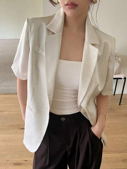 DAZY 女款寬鬆素色短袖休閒夏季夾克薄款西裝外套