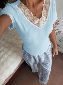 CottageSlumber Youthful Fashion Set For Women, Summer Ditsy Floral, Casual Short Sleeve Top And Pants 2-Piece Outfit - Blue - View 3