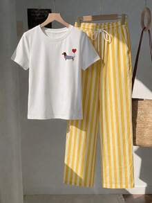 Divinelle Bộ 2 món phong cách tối giản thường ngày, in hình chó Dachshund dễ thương, gồm áo thun cổ tròn tay ngắn và quần ống rộng kẻ sọc có dây rút, thích hợp cho mùa xuân và mùa hè. - Nhiều màu - Xem 3