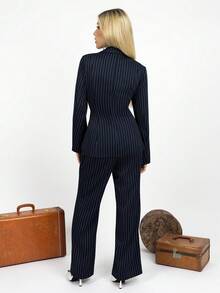PRISCILA ESCOTO PRISCILA ESCOTO Women's Navy Blue Striped Asymmetric Lapel Single Pocket Design Waist Cinched Elegant Professional Formal Suit Jacket And Wide Leg Pants Two Pieces Set - Navy Blue - View 2