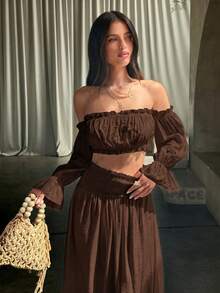 Opulessa Women's Solid Color Woven Off-Shoulder Top & Skirt 2-Piece Set, Spring/Summer,Summer Outfits For Women - Brown - View 7
