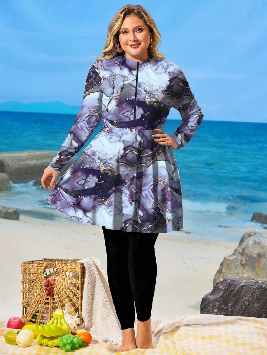 Swim Mulvari Traje de baño de dos piezas estilo modesto para mujer talla grande, manga larga y pantalones largos, estampado digital de concha marina, diseño con cremallera delantera, ropa de baño para fiesta en la playa y vacaciones - Multicolor - Ver 1