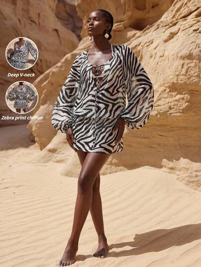 Zivah Latest Elegant Sheer Chiffon Zebra Print Tie-Up Beach Cover Up Dress, Floral Print Short Cover Up Dress, Black & White Zebra Print Short Cover Up Dress, Elegant Short Cover Up Dress, Sexy Zebra Print Short Cover Up Dress, Women's Beach Cover Up Dress, Women's Short Beach Dress