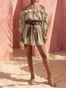 Zivah 2026 New Casual Beach Vacation Elegant Bohemian Semi-Transparent Metallic Striped Chiffon Puff Sleeve Short Dress, Apricot Long Top, - Apricot - View 3