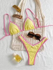 Elavelle Bộ bikini 2 mảnh mùa hè dành cho nữ, họa tiết hoa ngẫu nhiên, dây mảnh, viền bèo nhún. - Nhiều màu - Xem 2