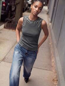 Maija 2025 Fitted Ribbed Metallic Foil Design Women Tank Top, Suitable For Valentine's Day Party - Dark Grey - View 5