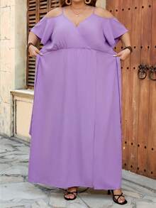 SHEIN CURVE+ Curve Size US22音樂節、海邊度假、波希米亞風格女款夏季休閒度假風素色露肩高衩開衩腰帶洋裝 - 淡紫色 - 查看 4