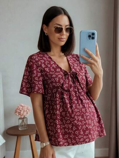 SHEIN 孕妇碎花扭结前襟短袖上衣，宽松舒适