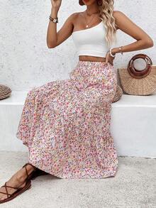 SHEIN PETITE 碎花弹力腰休闲百搭女式半身裙，夏季 - 白色 - 查看 5